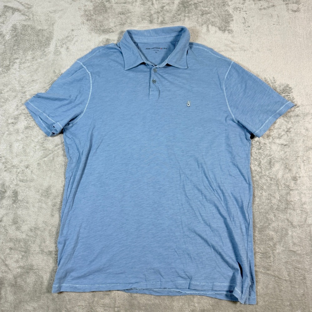 John Varvatos Mens XL Polo Shirt Blue Short Sleeve Peace Sign Slub Cotton